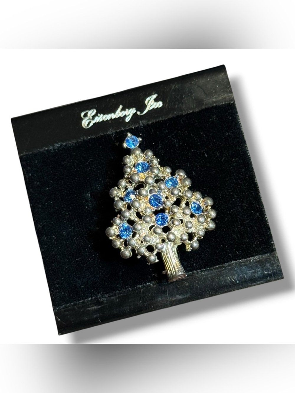 Vintage Eisenberg Ice Blue Rhinestone Christmas Tree Brooch